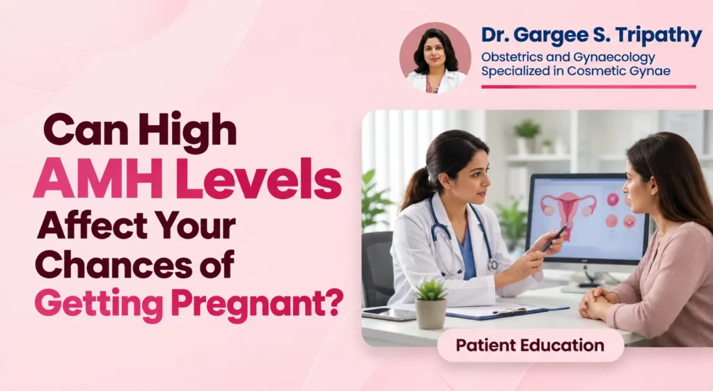 Medical illustration explaining the relationship between high AMH levels, ovarian function and female fertility