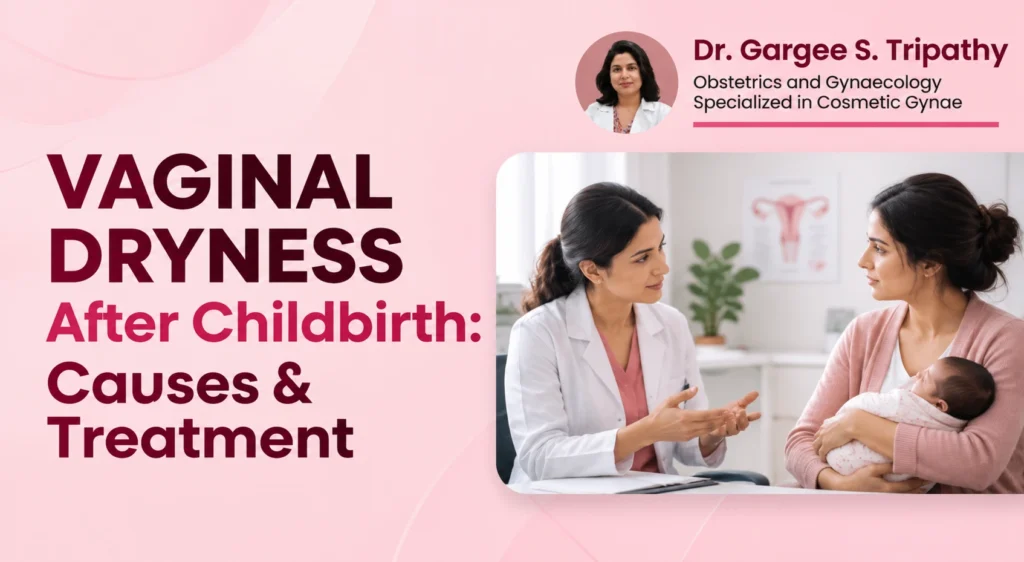 Woman discussing vaginal dryness after childbirth with a gynecologist during a consultation